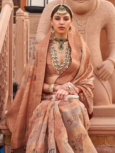 Perfect Peach Digital Print Organza Occasion Wear Saree & Blouse